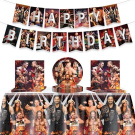 Wrestling Birthday Supplies, 42Pcs Wrestling Decorations include Banner, Tablecloth, Plates and Napkins for Teens Kids Party Decor
