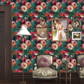 Fvlow Watercolor Wallpaper Floral Peel and Stick 17.4" x 118" Rose Contact Paper Vintage Flower Watercolor Self Adhesive Covering for Bedroom Cabinet Bathroom Home Decor