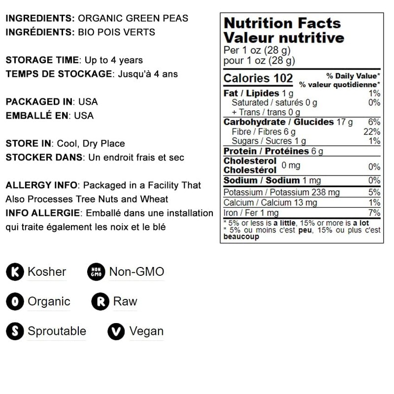 Food to Live Organic Whole Dried Green Peas, 15 Pounds