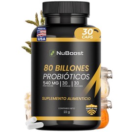NUBOOST Probioticos y Prebioticos 80 Billones – Suplemento Alimenticio con 10 Cepas de Lactobacilos e Inulina de Agave, 30 Cápsulas para Apoyo Digestivo y Microbiota Intestinal