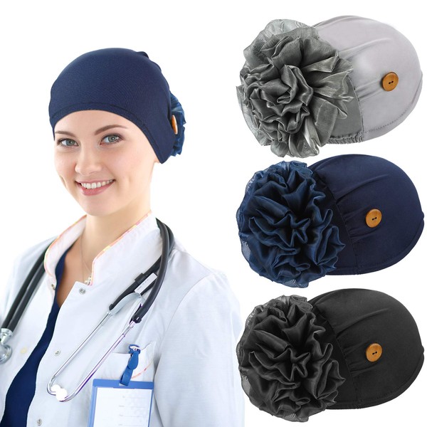 3 Pieces Winter Bouffant Cap with Buttons Elastic Soft Flower Stretch Head Wraps (Black, Gray, Navy Blue)