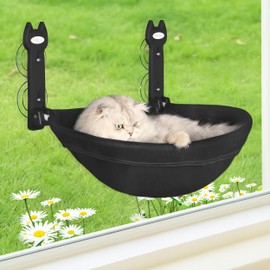 HiPetpy Cat Window Perch, Glow in The Dark Foldable Cat Hammock with Sunken Design & Removable Soft Cover, Breathable Cordless Window Bed for Resting Indoor Kitten (Black Semicircle Bed, Medium)