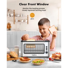 Clear View Toaster, LONGDEEM 1.75" Wide Slot, 10.2" Extra Long Slot Glass Toasters Stainless Steel 2 Slice with 6 Browning Control for Bagel, Defrost & Auto Shut Off with Removable Crumb Tray, Silver