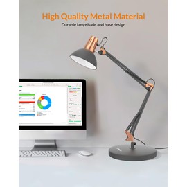 LEPOWER Eye-Caring Reading Metal Lamp for Bedroom, Adjustable Goose Neck Architect Swing Arm Table/Desk Lamp with On/Off Switch, Clamp, For Study Room &Office (Sandy Black)