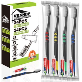 VKshop 24 PS Individual Wrapped Travel Toothbrush Set with Toothpaste, Bulk Disposable Toothbrushes Kit，Soft Toothbrushes for Adults for Travel, Hotel, Business Trips，Daily Backup（Black,Toothpaste 5g）