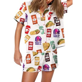Womens Button Down Pajama Sets Soft Button Down Loungewear 2 Piece Outfits Cute Pj Sets Taco Food Print White M