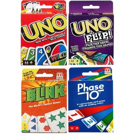 Mattel Uno, Flip, Blink and Phase 10 Card Game, Combo Pack of 4