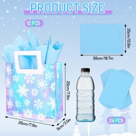 Whaline 12Pcs Christmas Winter Holographic PVC Gift Bags Snowflake Iridescent Party Favor Bags with Handle Christmas Reusable Treat Tote Bags with Tissue Paper For Women Wedding Birthday