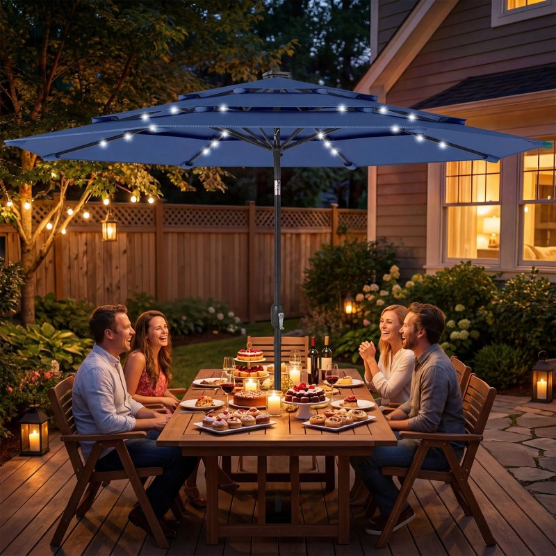 "Solar-powered 9.7 ft Navy Blue Patio Umbrella with 3 Tier