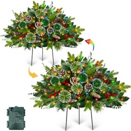 2 Pack 24" Christmas Tree Urn Filler with 40 Warm & Colorful Change Lights 8 Modes Timer 6 Styles Branches Eucalyptus Pinecones Red Berries Tripod Stakes Xmas Decorations Outdoor Porch Yard Pathway