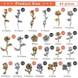 HINZIC 44 PCS Rose Nail Charms 3D Vintage Gold Flower for Nails Retro Metal Silver Nail Jewels Nail Studs for Acrylic Nails Decoration DIY Craft Making