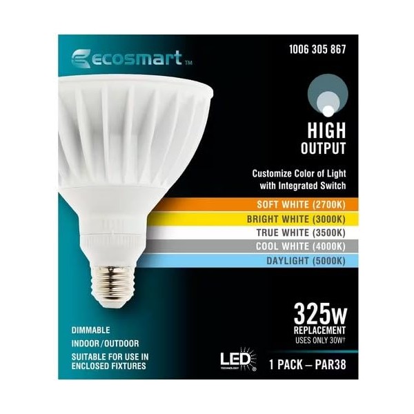 325W Equivalent 2700K, 3000K, 3500K, 4000K, 5000K Selectable PAR 38