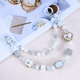 XODITO White Phone Charms with Crystal Beads for Women Double Detachable Cellphone Wrist Strap, Diamond Chain for Keys, Shoulder Bags, Curtain
