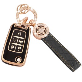EKALA for Chevy Buick Key Fob Cover with Leather Keychain for Chevy Cruze Camaro Malibu Equinox Impala Sonic Buick Encore Lacrosse Regal GMC Terrain 5 Buttons Flip Folding Key Fob Shell (RP-Chv-5F-B)