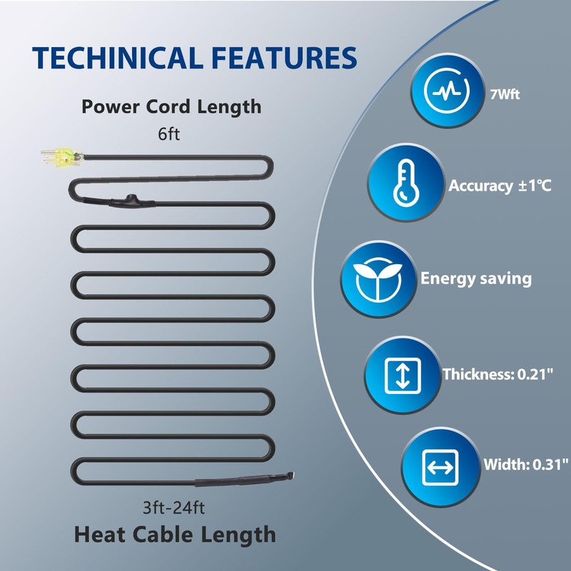 TOPDURE JHSD 12-feet Pipe Heating Cable Built-in Thermostat