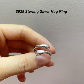QEPOL Hug Ring, 925 Sterling Silver Hug Ring Adjustable Hand Rings for Women Men Couples Hugging Promise Ring Wedding Bands Statement Anniversary Ring Jewelry (Silver)