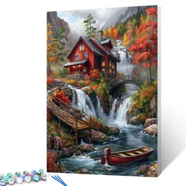 Native American Waterfall Paint by Numbers Kits 16x20 inch Canvas Red Wooden House DIY Oil Painting for Kids, Adults Beginner River with Boat Paintwork with Brushes Home Decor Boho Gift(Frameless)