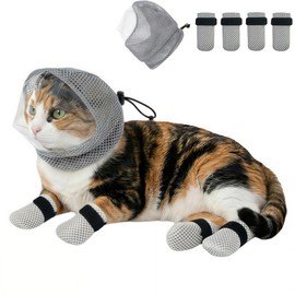 Cat Muzzle - Adjustable Anti-Bite Head Cover, Breathable Cat Grooming Helmet Mask with 4 Anti-Scratch Claw Covers for Nail Trimming, Injections & Bathing