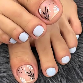 Flower Press on Toenails Short Square Fake Toe Nails Cute False Toenails Glossy Full Cover Acrylic Glue on Toenails Leaf Toe Nails Artificial Stick on Toenails for Women Manicure 24 Pcs