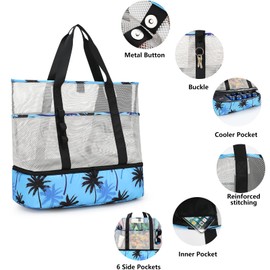 UYLIA 8 Pockets Tote Mesh Beach Bag Women's Large Foldable with Waterproof Cool Bag for Toy Storage Beach Travel Picnic Shopper Handbag Bath Bag Shoulder Bag, Coconut tree, L