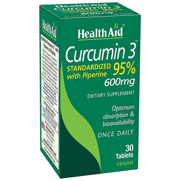 Curcumin 3, 30ct, 600mg Once Daily Tablets, Helps with Optimum Absorption & Bioavailability, Standardized with Piperine