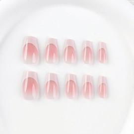IMSOHOT Coffin Press on Nails Medium French Tip Fake Nails Pink Ombre Glossy Glue on Nails Nature Reusable Artificial False Nails Stick on Nails for Women Girls 24PCS