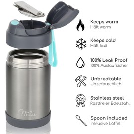 Milu® Thermal Food Container, 300/440/450/650/800 ml, Stainless Steel, Warmth Preservation, for Baby Food, Cereals to go, Grey (440 ml)
