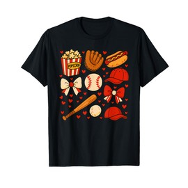 Fun Baseball Gear with Popcorn, Hot Dogs, and Bows T-Shirt