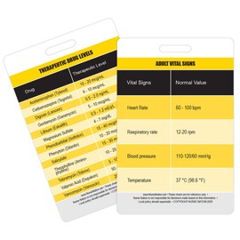 Normal Adult Vital Signs and Common Therapeutic Drug Levels Vertical Badge Card - Excellent Resource for Nurses, Nursing Clinicals, and RN Students - Great Nursing School Supplies and Accessories