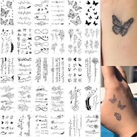 30 PCS Temporary Tattoos – Fine Line Fake Tattoos for Body Art – Realistic Removable Tattoo Stickers with Flowers, Leaves, Words & Patterns – Waterproof Festival Tattoos for Women & Men