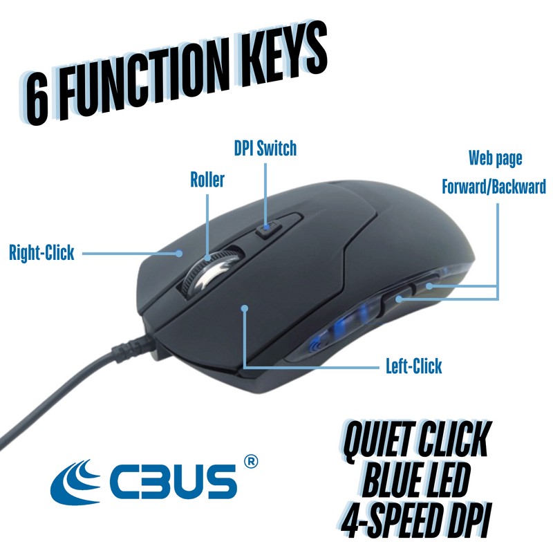 CBUS Wired USB-C 6-Button Quiet Mouse, 4-DPI Speeds, Ergonomic LED