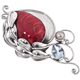 Blue Topaz Genuine Red Coral 925 Sterling Silver Sliding Pendant, 2"