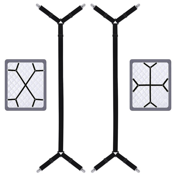 Sopito Bed Sheet Fasteners, 2pcs Adjustable Long Bed Suspenders Sheet Holder Straps Heavy Duty Bed Sheet Clips Grippers for All Square Mattresses Fitted Sheets Flat Sheets, Black