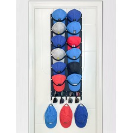 ETOWIFA Hat Organizer Rack for Baseball Caps [Up to 37], Hat Holder Over the Door for Closet with 7 Felt Bands&3 Hooks, Multifunctional Non-Drilled Hat Storage for Room, College Dorm - Black