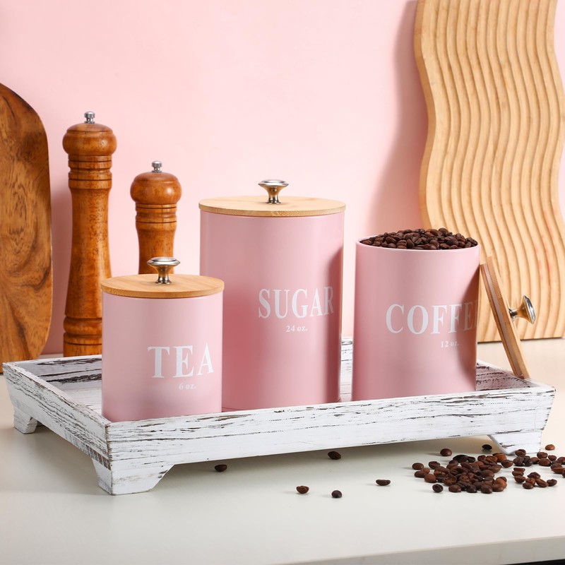 Blushtier 3 Pack Pink Kitchen Canister Set Metal Tea Coffee