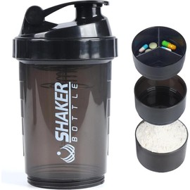 Protein Shaker Bottle,Sports Water Bottle,Leak Proof Shake Bottle For Protein Mixer- Non Slip 3 Layer Twist Off 3oz Cups with Pill Tray - Protein Powder 16 oz Shake Cup with Storage - Color: Purple