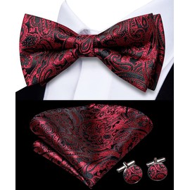 Dubulle Mens Paisley Floral Bow Ties Silk Pre-tied Bowtie for Men with Pocket Square Cufflinks Wedding Party,Burgundy Black