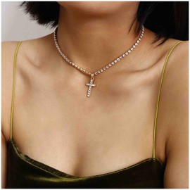 Cimenexe Bohemian Cz Cross Pendant Necklace Sparkle Tennis Chain Necklace Vintage Crystal Cross Choker Chain Minimalist Rhinestone Chain Necklace Jewelry for Women and Girls