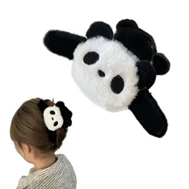1-Pack Black Plush Panda Double-Sided Hair Claw Clip - Large Bear Hair Claw Clips - Cute Animal Hair Accessory - Fluffy Plush Bear Hair Catch Barrette Jaw Clamp for Women Girls，Clips and Barrettes