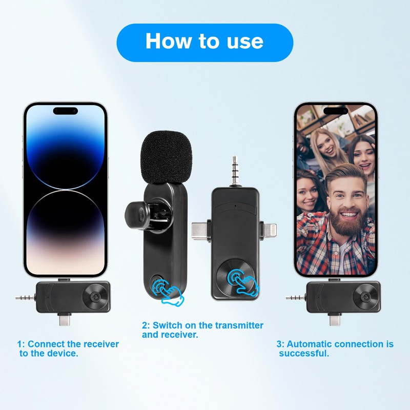 Mini Lapel Microphone with Noise Cancellation, Wireless Microphone for Android