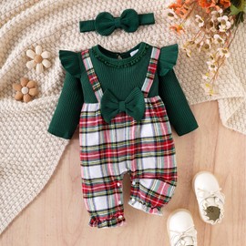 FOCUTEBB 3-6 Month Baby Girl Clothes Fall Winter Outfits Long Sleeve Bodysuit Cute Ruffle Romper Plaid Suit Fashion Necklace Decoration One Piece Jumpsuit Headband 2pcs Set Dark Green 3-6 Months
