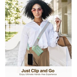 TiMOVO Clip and Go Phone Strap Crossbody with Leather Wallet, Adjustable Anti-Theft Phone Lanyard with Zippered Pouch, Universal Cell Phone Neck Lanyard for All Phone Cases, W Stripe Green