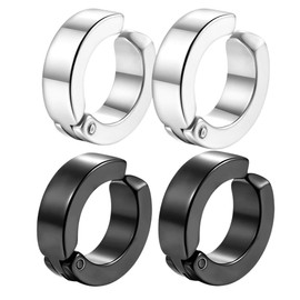 2 Pairs of Piercing Clip Earrings for Men Women, Stainless Steel Earrings Men, Non Piercing Earrings Set, Black, Silver Tone, Hoop Earrings Stainless Steel without Hole, Fake Ear Clips, Folding Hoop