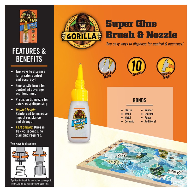 Gorilla Super Glue with Brush & Nozzle Applicator, 12 Gram,