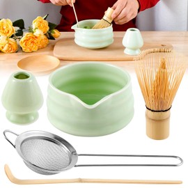 IODOO Matcha Whisk Set Matcha Whisk Holder Bamboo Matcha Whisk and Bowl with Spout Matcha Sifter Spoon Matcha Tea Set Kit for Matcha Tea (5pcs) (Matcha Green)