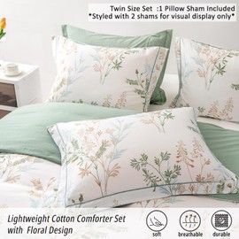ALEISSEL Natural Cotton 2pcs Botanical Comforter Sets Twin Size-Green Comforter with Luxurious Tan & Gray Leaves on White, Reversible Lightweight Floral Bedding Sets(Twin 68"×90")
