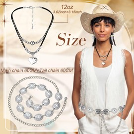 Hinly 4 Pcs Halloween Cowgirl Costume Bulk for Women Including Straw Cowboy Hat Western Necklace Oval Concho Chain Belt Tassel Dangle Earrings Cosplay Set for Cowboy Outfits Gift for Women