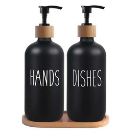 Peevel Kitchen Soap Dispenser Set,Contains Hand Soap Dispenser and Dish Soap Dispenser,with Bamboo Tray and Pump,Ideal for Kitchen and Bathroom (Black & Tray)