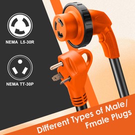 Ficstar 30 Amp RV Extension Cord,30 ft,Heavy Duty Generator Extension Cord with LED Power Indicator,30 AMP Female 90° Twist Lock Adapter with Reverse Polarity Lamp,NEMA TT-30P to L5-30R,120V/125V