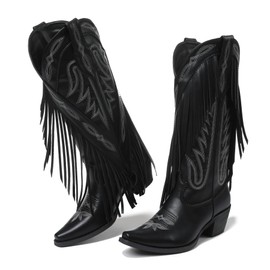 Grakihily Cowboy Boots for Women Retro Pointed Toe Pull On Block Chunky Heel Embroide Tassel Country Concert Outfits Calf Western Cowgirl Boots,BlackPU Size 7.5